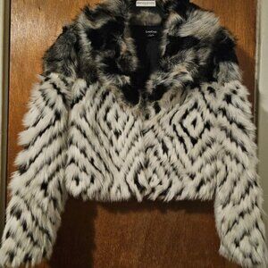 Bebe Small Cropped Black and White Diamond Faux Fox Fur Coat